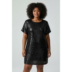 Nine West Sequin Dress Women XXL Black New Short Sleeve Tie Back Shift Mini